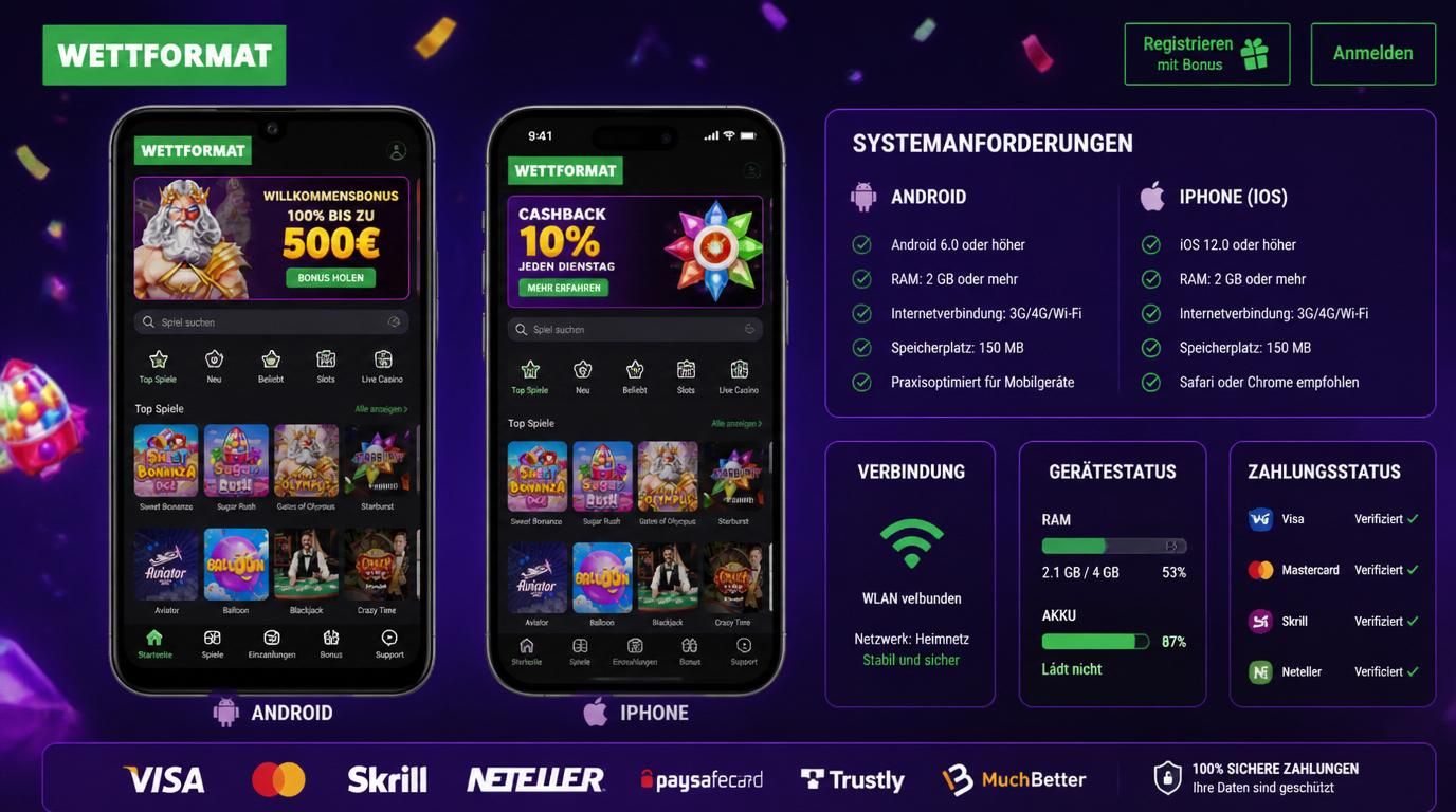 Ein paar Smartphones mit den Systemanforderungen bei Android und iOS und einer Auszahlung im Prozess