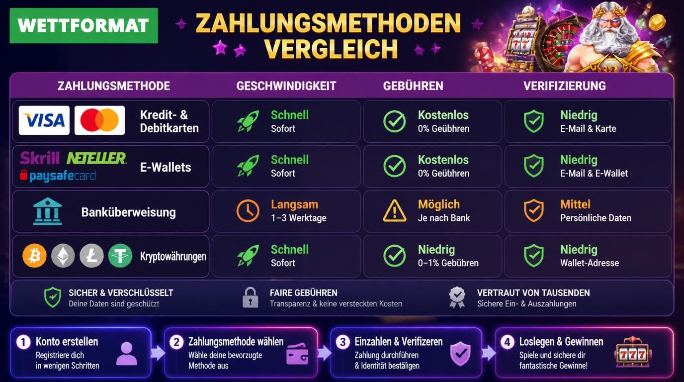 Ein Bild, das verschiedene Zahlungsmethoden mit Geschwindigkeit, Gebühren und Verifizierungsprozess zeigt