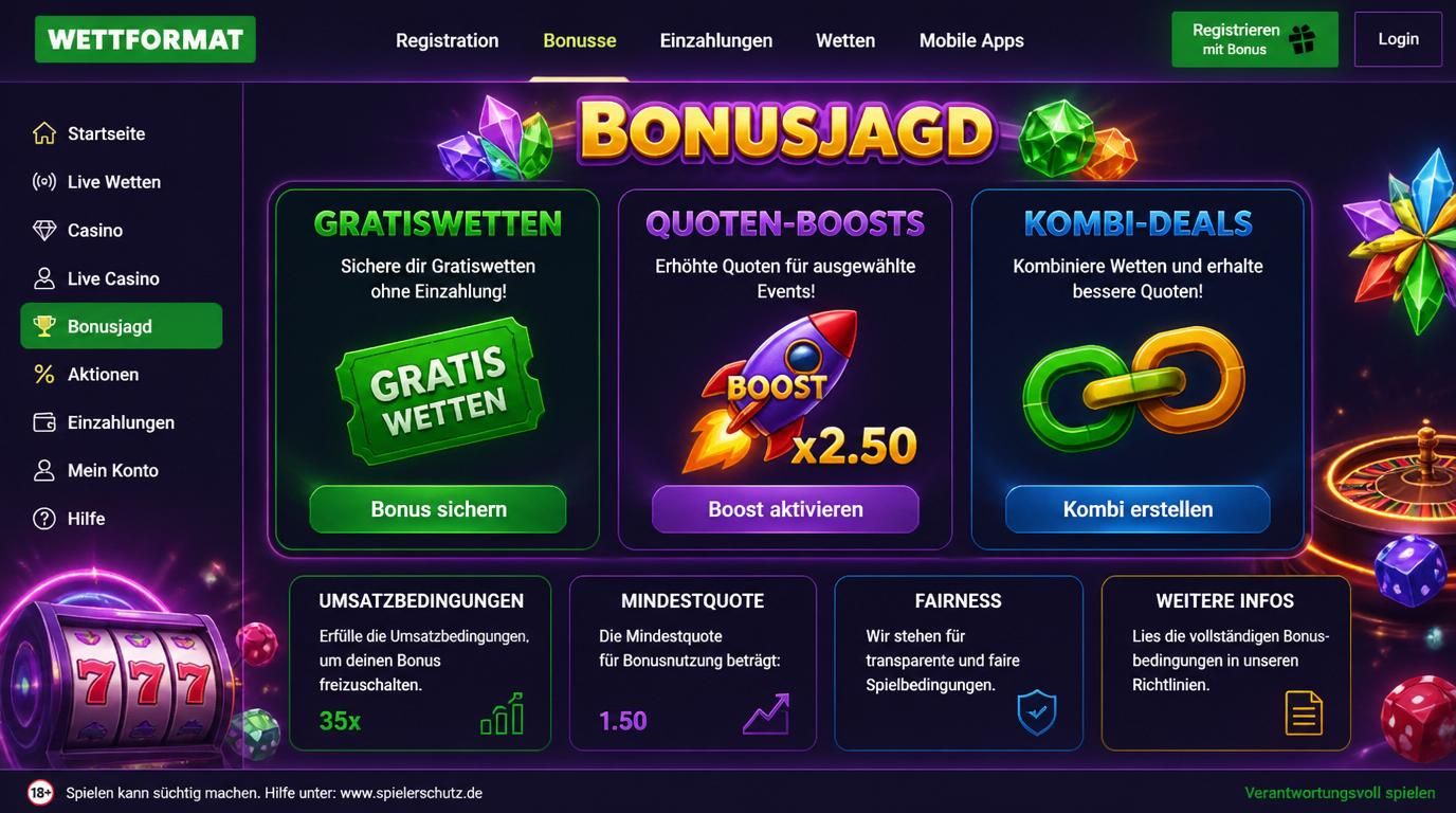 Bonusjagd, Gratiswetten und Quoten-Boosts auf Kombis visualisiert, Umsatzbedingungen werden hervorgehoben