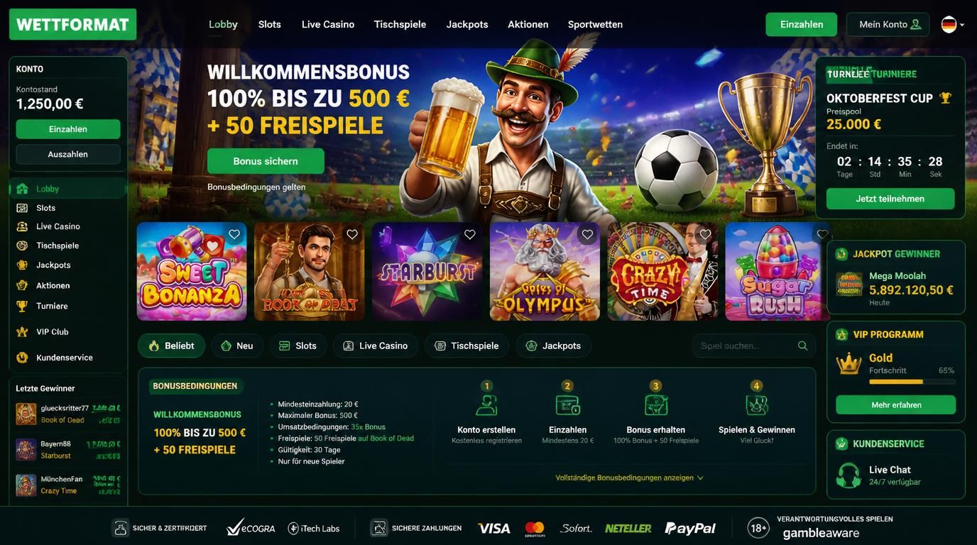 Casinooberfläche mit deutscher Lokalisierung, Euroanzeige, Zertifizierungslogo